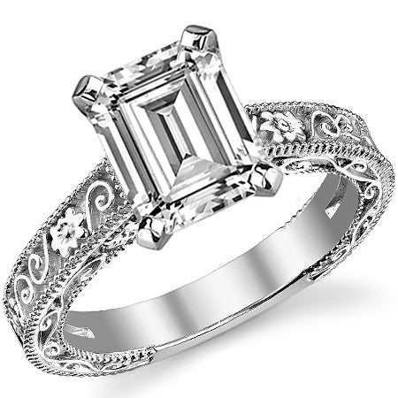 Moissanite Engraved Floral Design Solitaire Ring