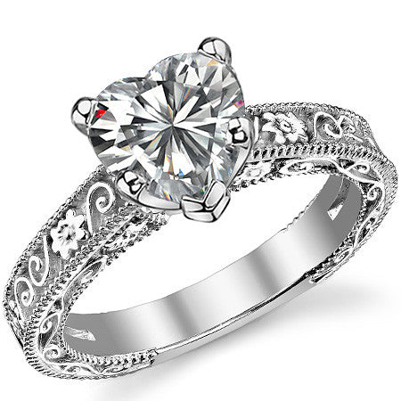 Moissanite Engraved Floral Design Solitaire Ring