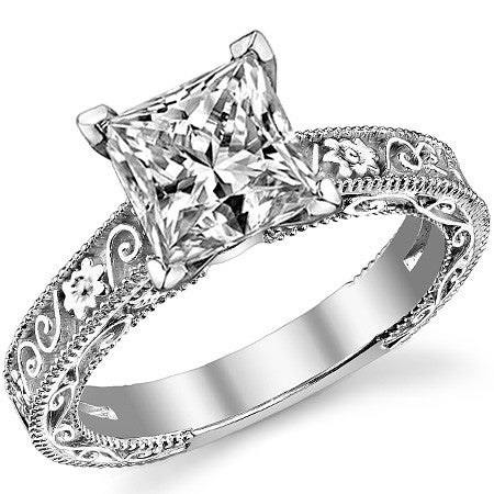 Moissanite Engraved Floral Design Solitaire Ring