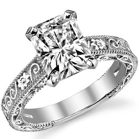 Moissanite Engraved Floral Design Solitaire Ring
