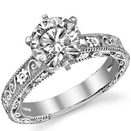 Moissanite Engraved Floral Design Solitaire Ring