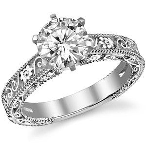 Moissanite Engraved Floral Design Solitaire Ring