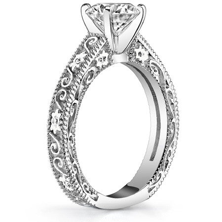Moissanite Engraved Floral Design Solitaire Ring