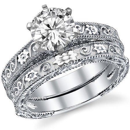 Moissanite Engraved Floral Design Solitaire Ring