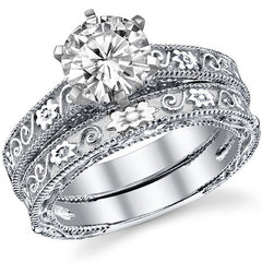 Moissanite Engraved Floral Design Solitaire Ring