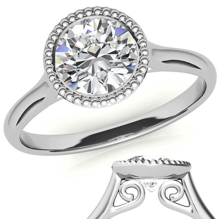 Petite Bezel Round Brilliant Moissanite Milgrain Solitaire Ring