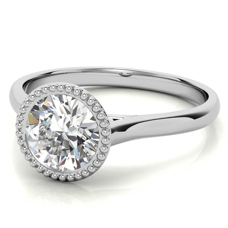 Petite Bezel Round Brilliant Moissanite Milgrain Solitaire Ring