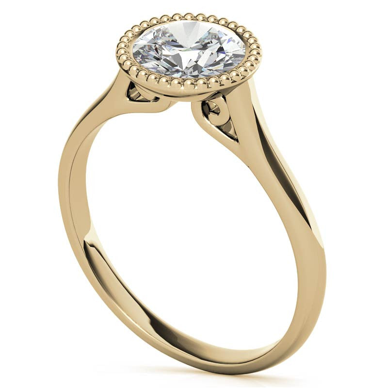 Petite Bezel Round Brilliant Moissanite Milgrain Solitaire Ring
