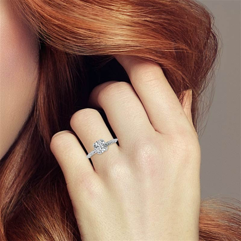 Round Moissanite Scroll Design Knife Edge Solitaire with Tulip Prongs