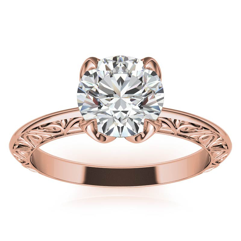 Round Moissanite Scroll Design Knife Edge Solitaire with Tulip Prongs