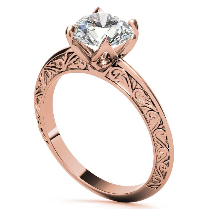 Round Moissanite Scroll Design Knife Edge Solitaire with Tulip Prongs
