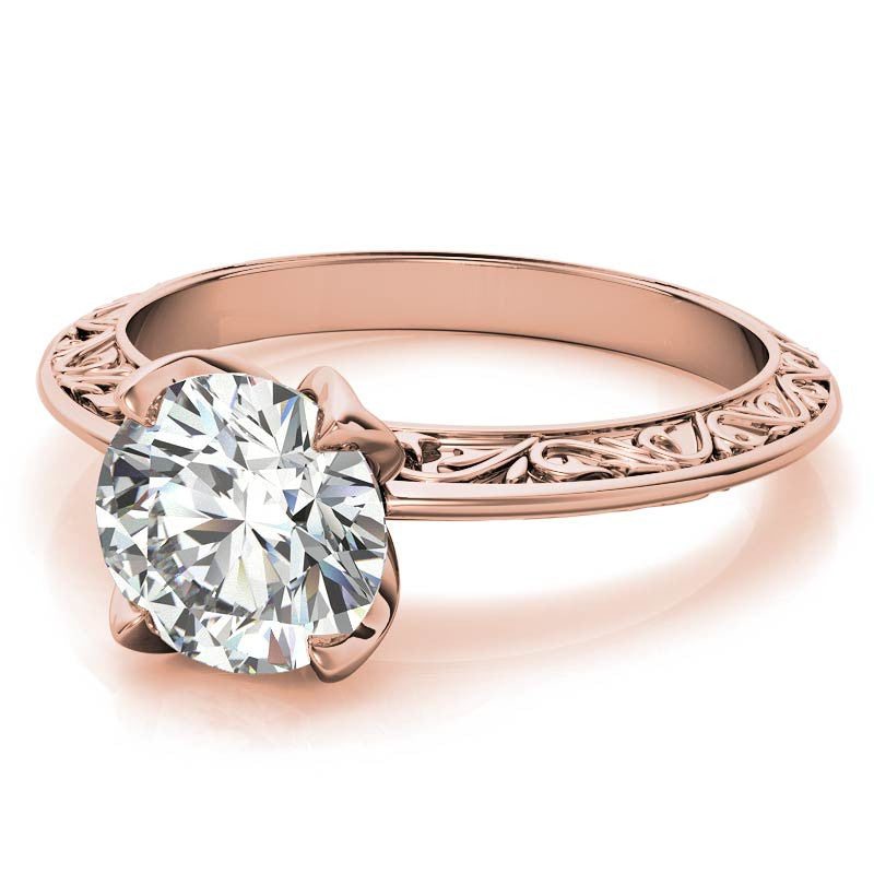 Round Moissanite Scroll Design Knife Edge Solitaire with Tulip Prongs