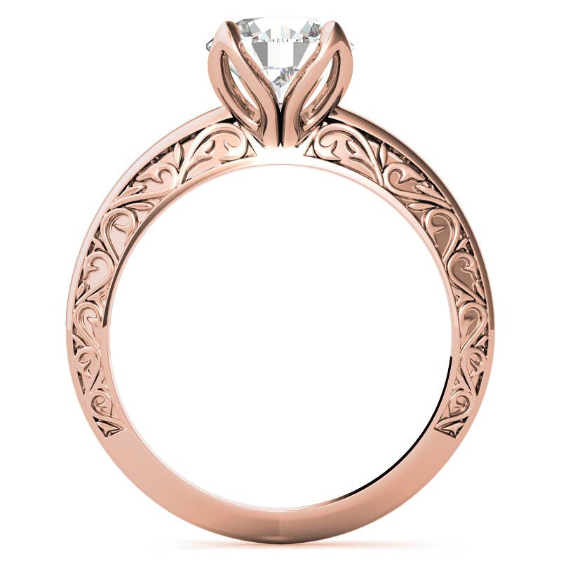 Round Moissanite Scroll Design Knife Edge Solitaire with Tulip Prongs