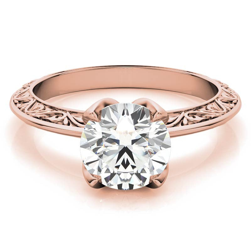 Round Moissanite Scroll Design Knife Edge Solitaire with Tulip Prongs