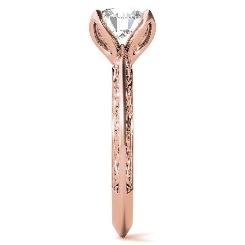 Round Moissanite Scroll Design Knife Edge Solitaire with Tulip Prongs