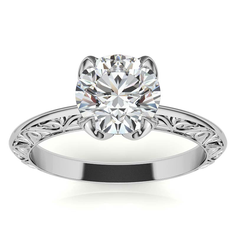 Round Moissanite Scroll Design Knife Edge Solitaire with Tulip Prongs