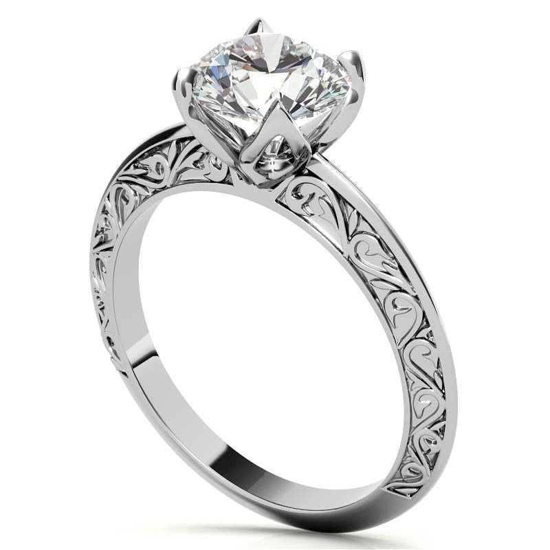 Round Moissanite Scroll Design Knife Edge Solitaire with Tulip Prongs