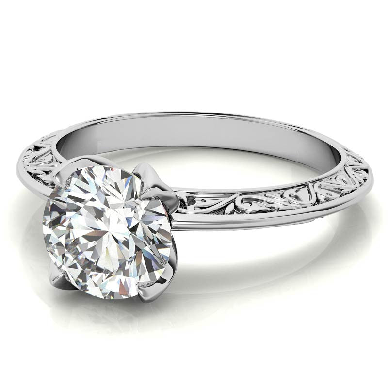 Round Moissanite Scroll Design Knife Edge Solitaire with Tulip Prongs