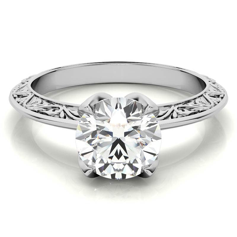 Round Moissanite Scroll Design Knife Edge Solitaire with Tulip Prongs