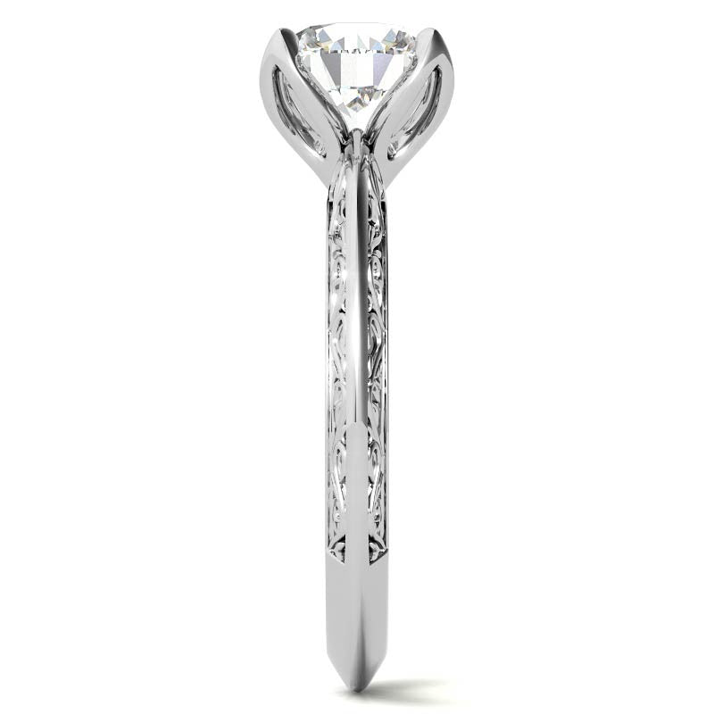 Round Moissanite Scroll Design Knife Edge Solitaire with Tulip Prongs