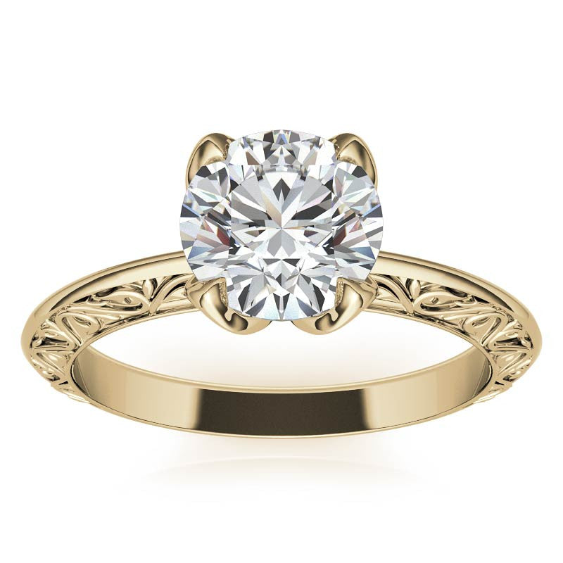 Round Moissanite Scroll Design Knife Edge Solitaire with Tulip Prongs