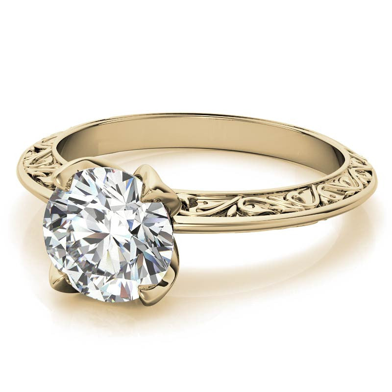 Round Moissanite Scroll Design Knife Edge Solitaire with Tulip Prongs