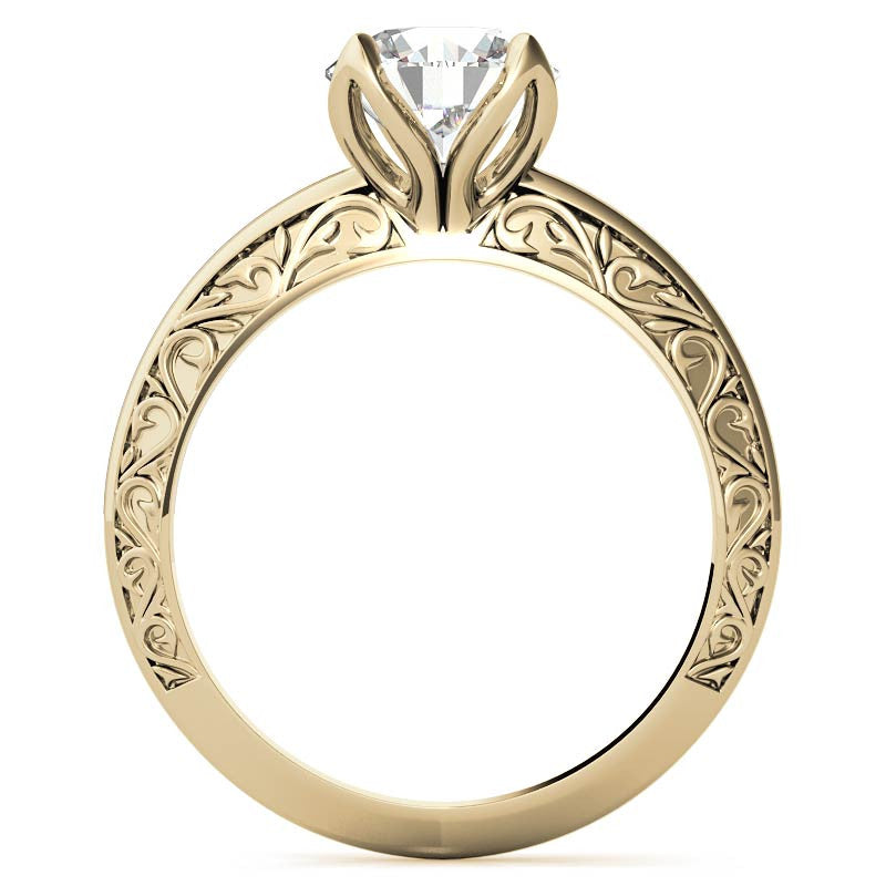 Round Moissanite Scroll Design Knife Edge Solitaire with Tulip Prongs