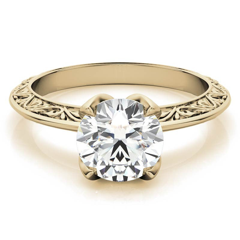 Round Moissanite Scroll Design Knife Edge Solitaire with Tulip Prongs