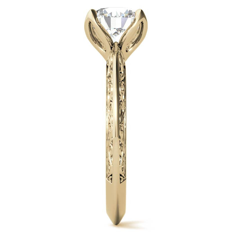 Round Moissanite Scroll Design Knife Edge Solitaire with Tulip Prongs