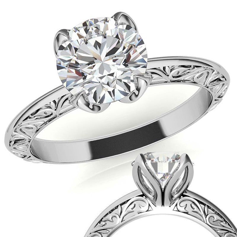 Round Moissanite Scroll Design Knife Edge Solitaire with Tulip Prongs