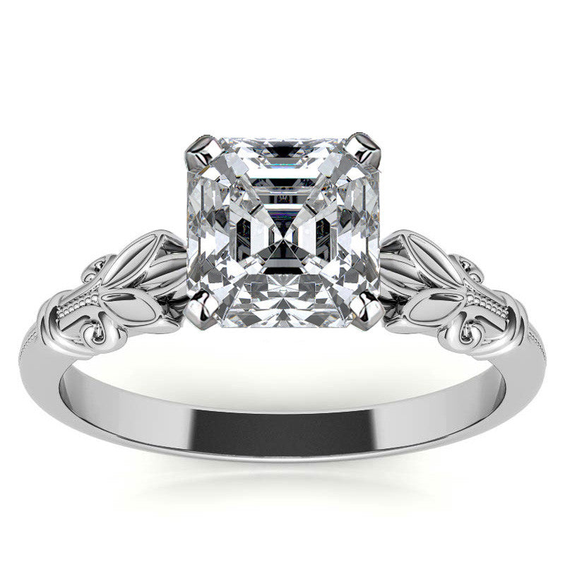 Floral Moissanite Cathedral Solitaire with Milgrain Beading