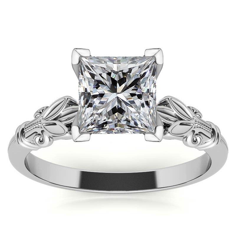 Floral Moissanite Cathedral Solitaire with Milgrain Beading