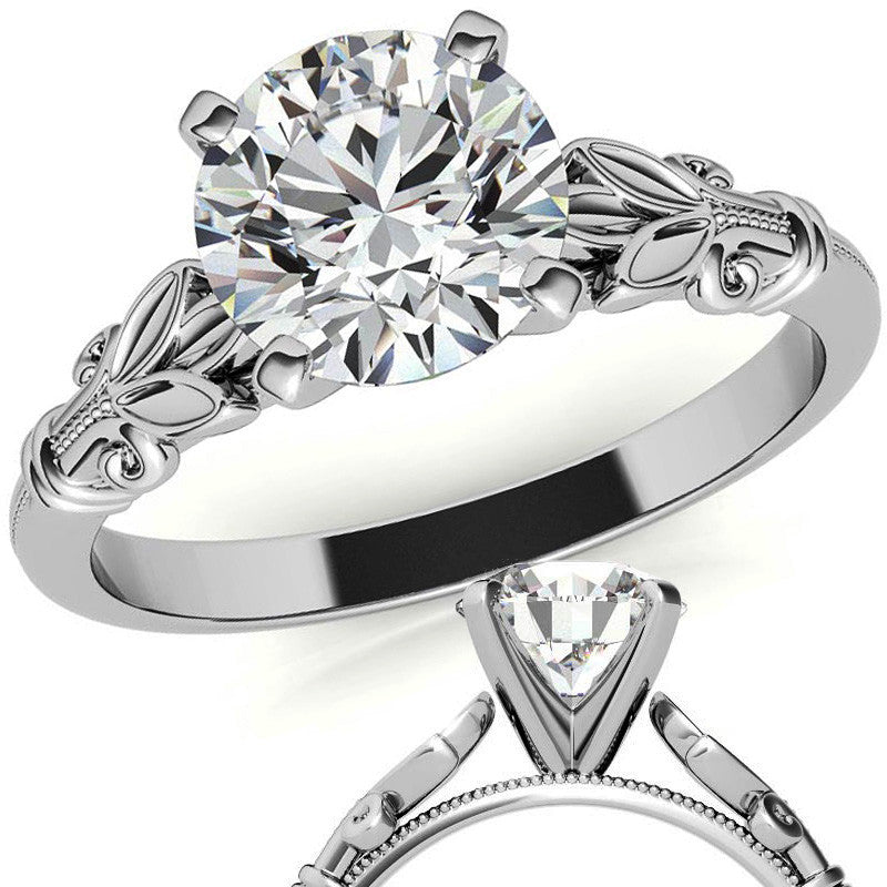 Floral Moissanite Cathedral Solitaire with Milgrain Beading