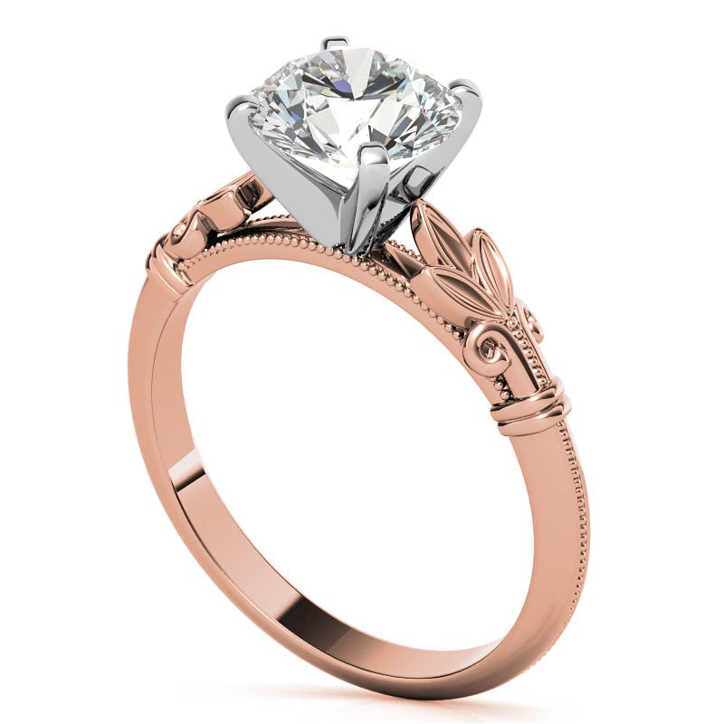 Floral Moissanite Cathedral Solitaire with Milgrain Beading