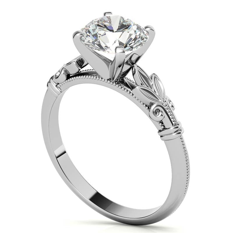 Floral Moissanite Cathedral Solitaire with Milgrain Beading