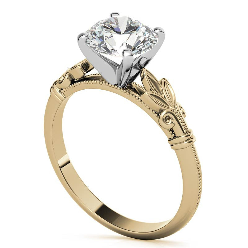 Floral Moissanite Cathedral Solitaire with Milgrain Beading