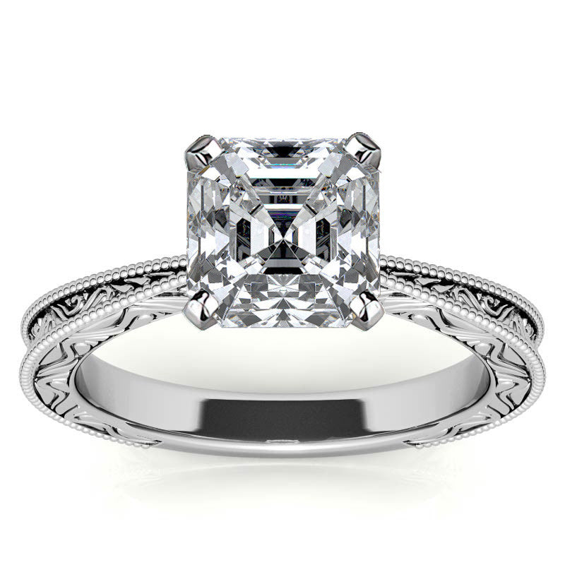 Engraved Moissanite Solitaire Ring with Milgrain