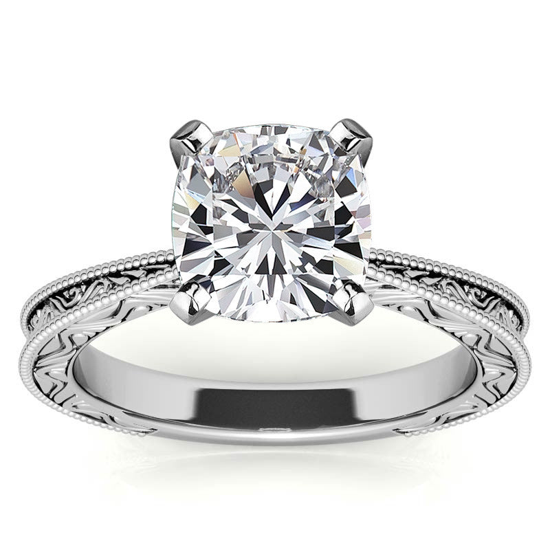 Engraved Moissanite Solitaire Ring with Milgrain
