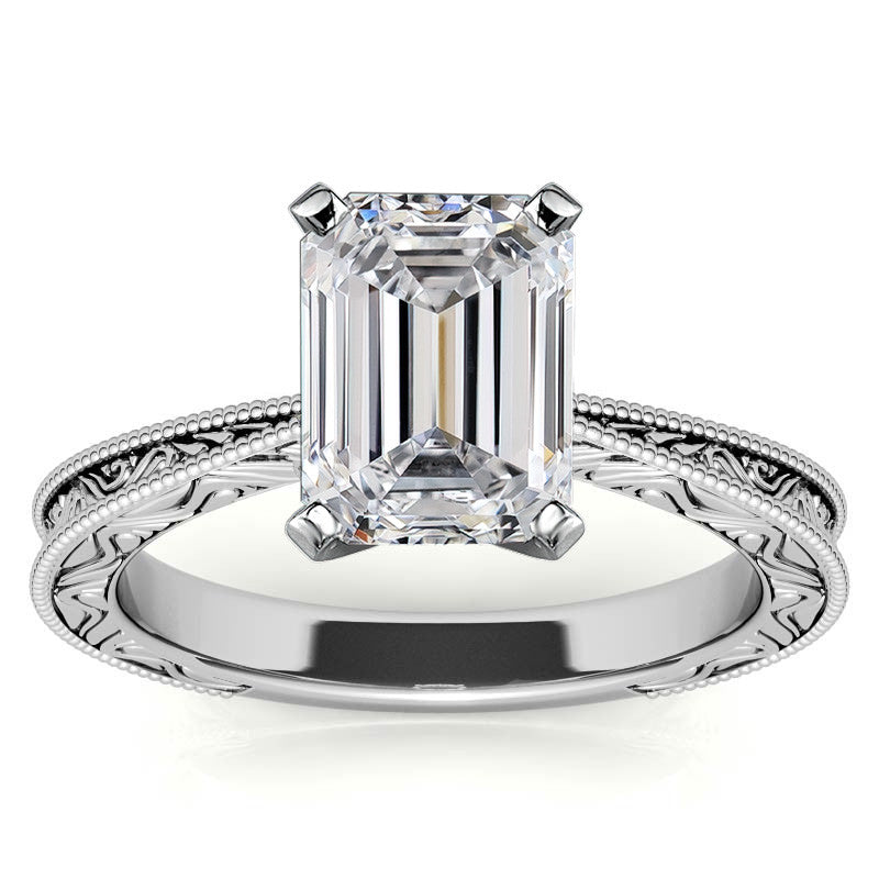 Engraved Moissanite Solitaire Ring with Milgrain