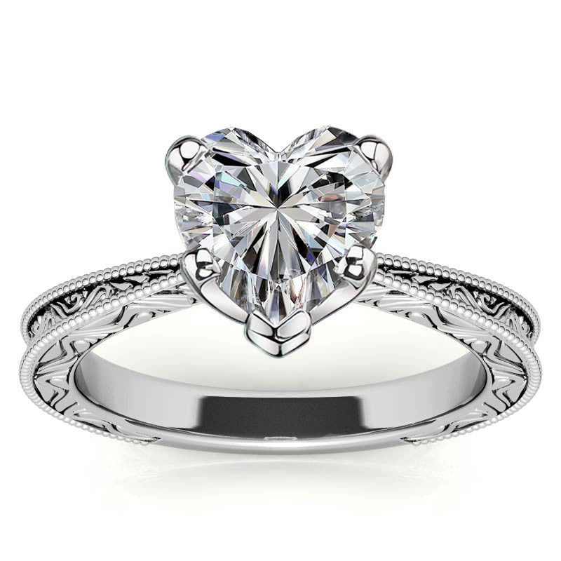 Engraved Moissanite Solitaire Ring with Milgrain