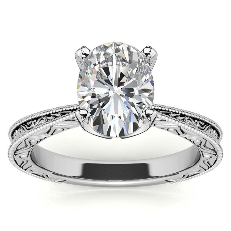 Engraved Moissanite Solitaire Ring with Milgrain