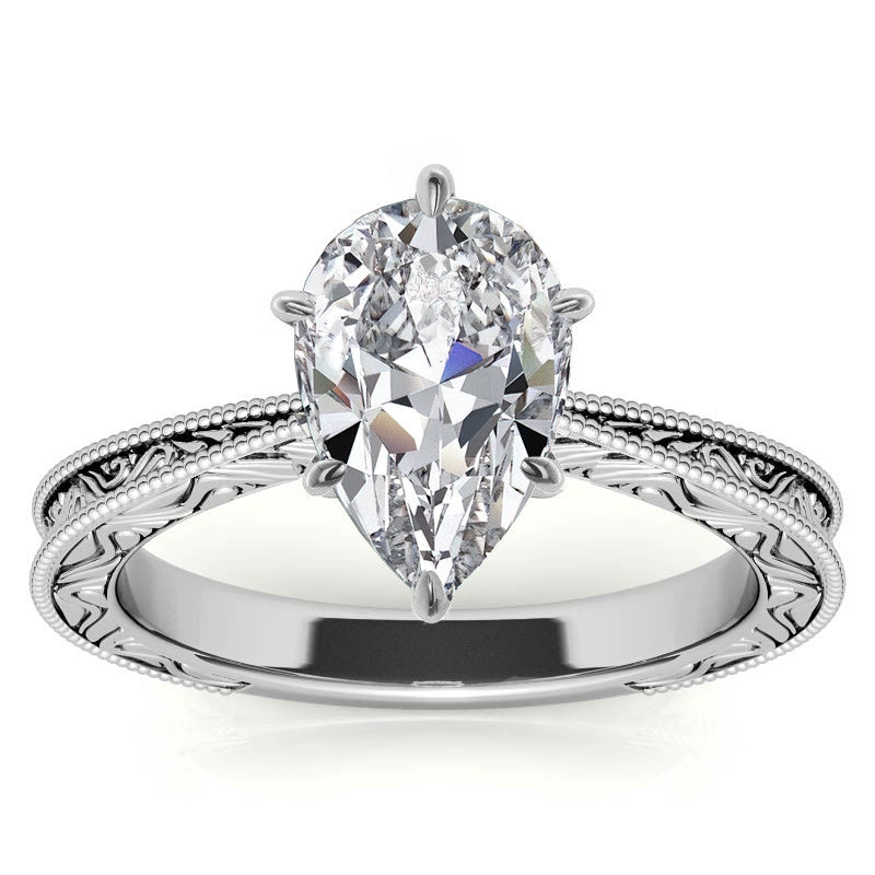 Engraved Moissanite Solitaire Ring with Milgrain