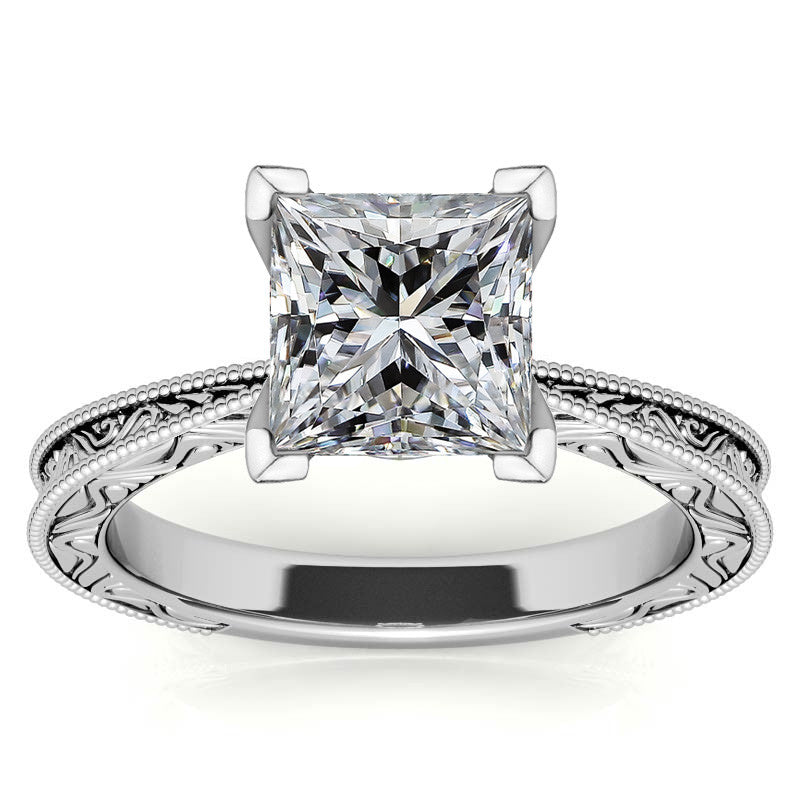 Engraved Moissanite Solitaire Ring with Milgrain