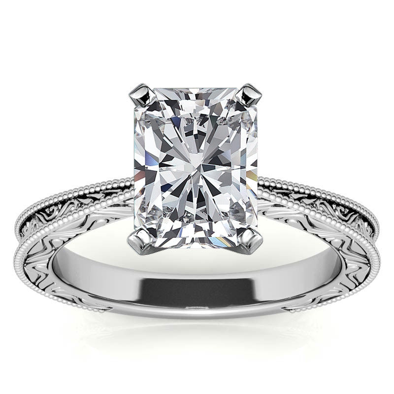 Engraved Moissanite Solitaire Ring with Milgrain