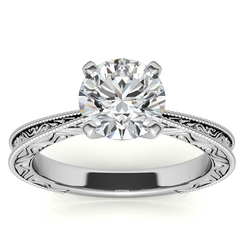 Engraved Moissanite Solitaire Ring with Milgrain