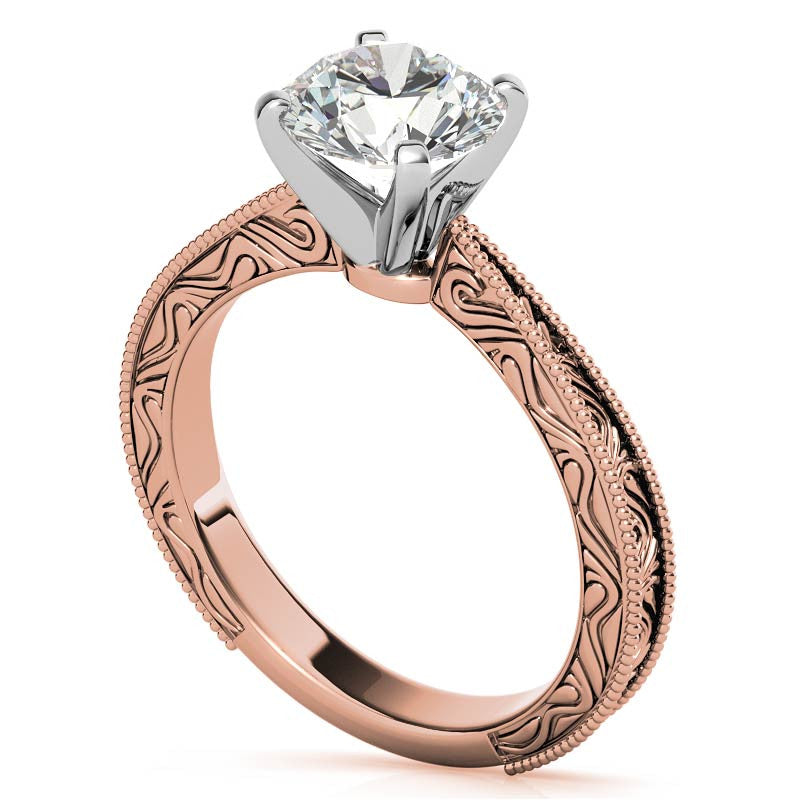 Engraved Moissanite Solitaire Ring with Milgrain