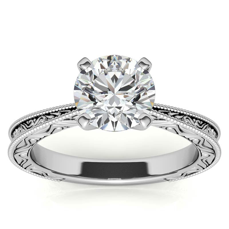 Engraved Moissanite Solitaire Ring with Milgrain