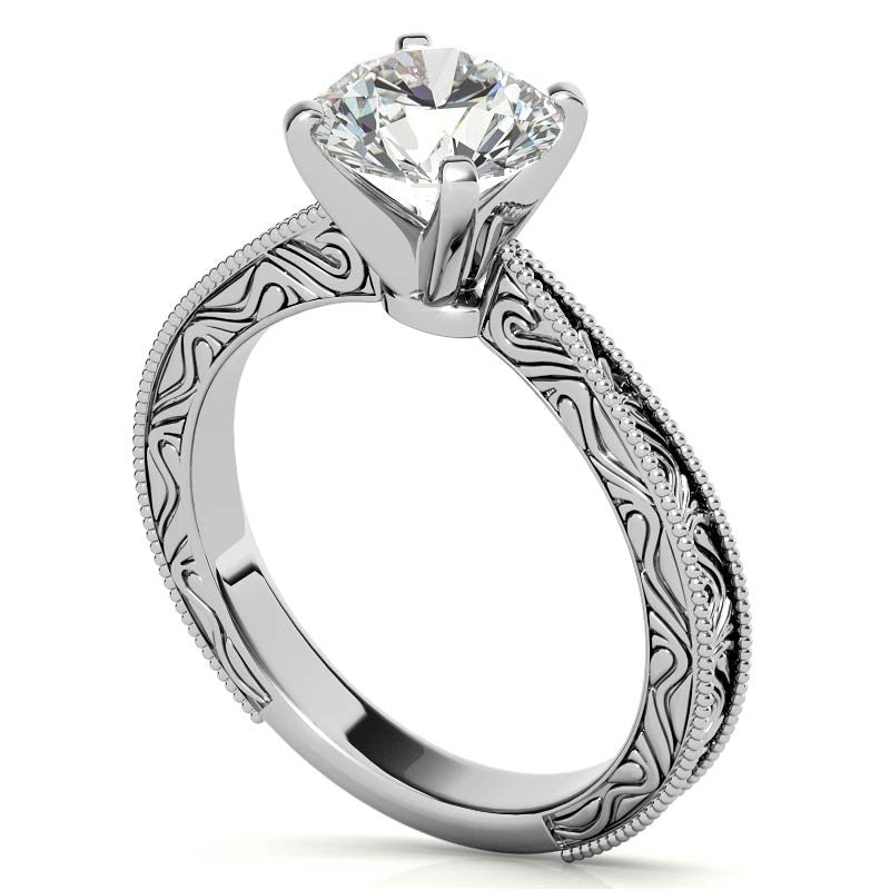 Engraved Moissanite Solitaire Ring with Milgrain