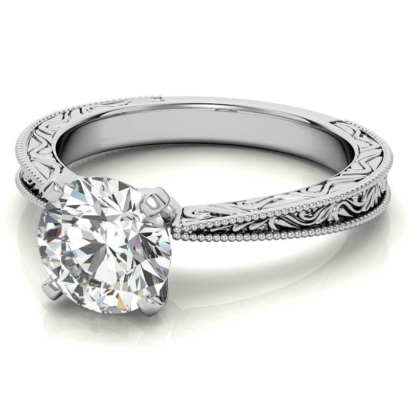 Engraved Moissanite Solitaire Ring with Milgrain