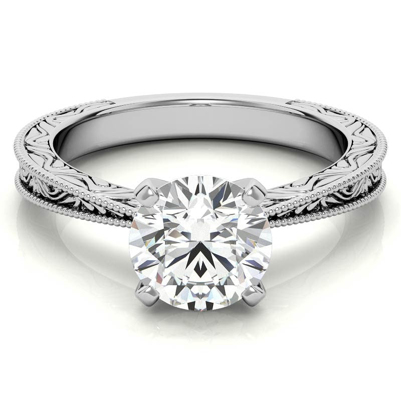 Engraved Moissanite Solitaire Ring with Milgrain